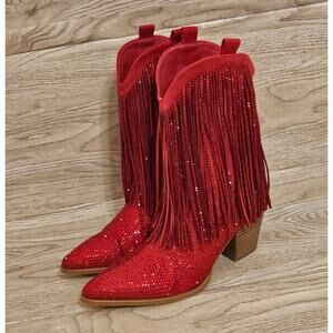 Rhinestone Western Cowboy Boots Fringe Pointed Toe Glitter Tassels Womens 7.5